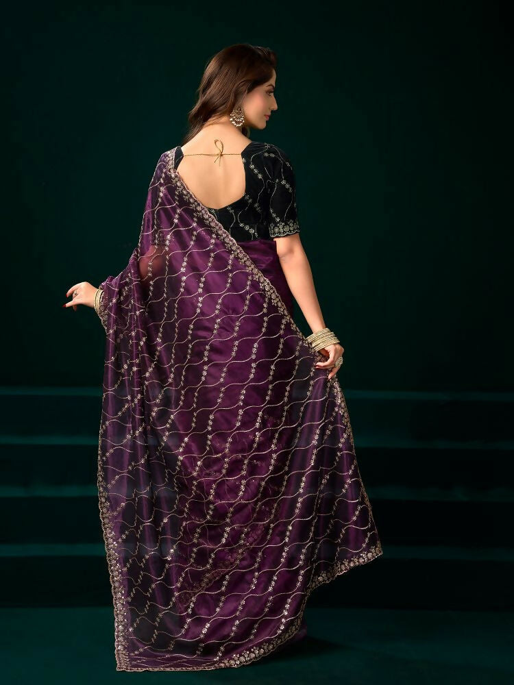 Wine Net Party Wear Saree with Black Velvet Blouse