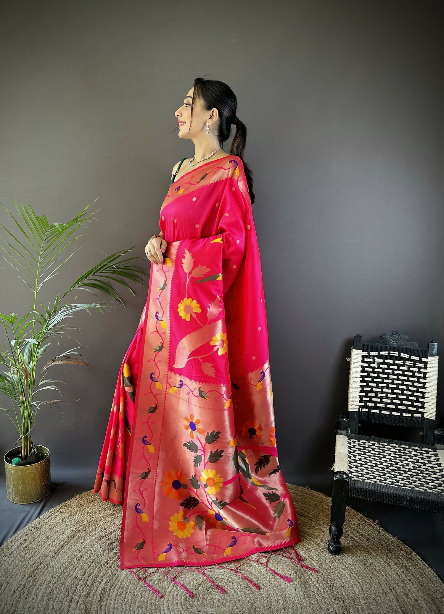 Rani Pink Soft Silk Paithani Saree with Zari Woven Floral Motifs