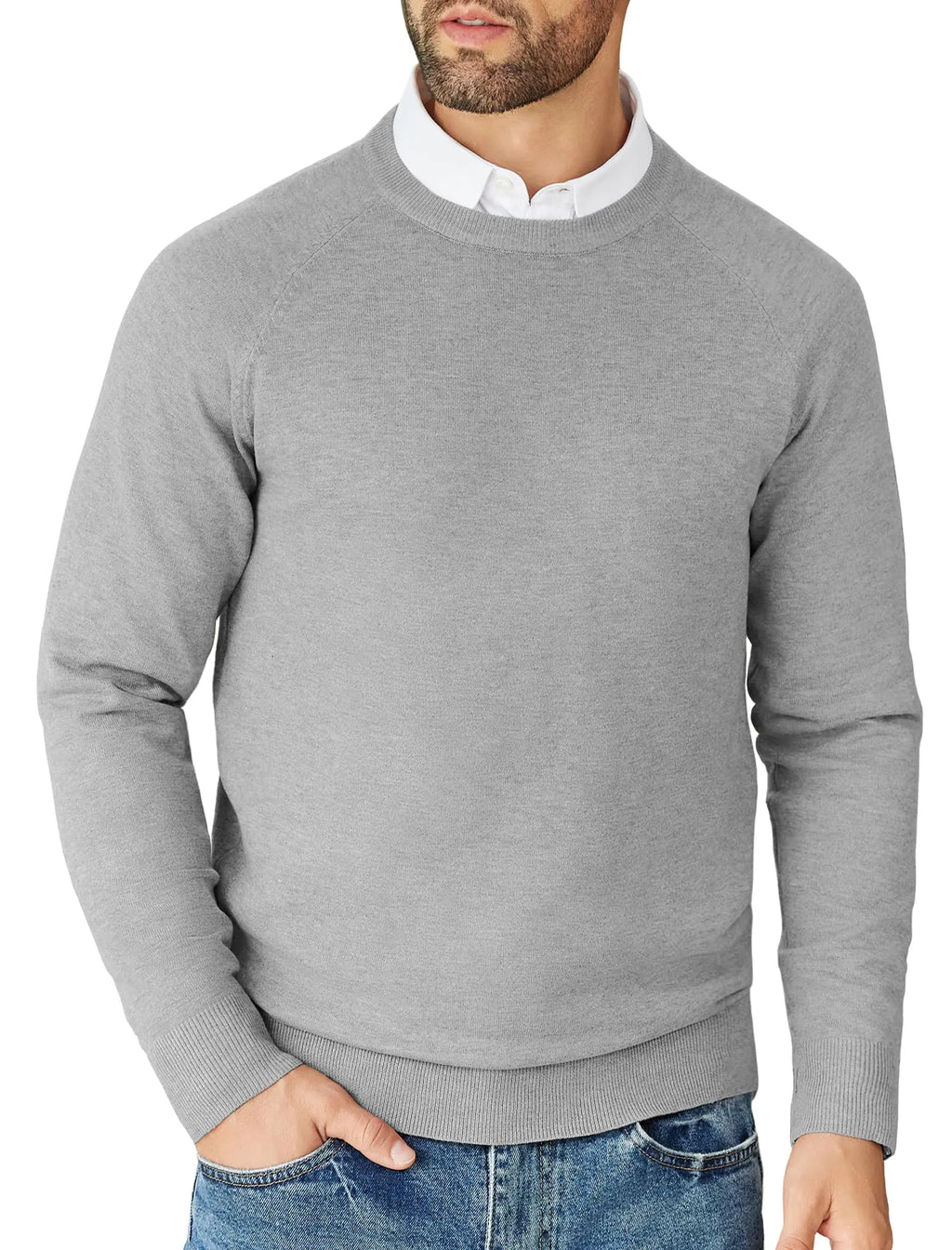 COOFANDY Mens Fitted Crewneck Sweater Ribbed Knit Pullover Sweater Fashion Long Sleeve Crew Neck Sweater Winter Casual Dressy Top Light Grey