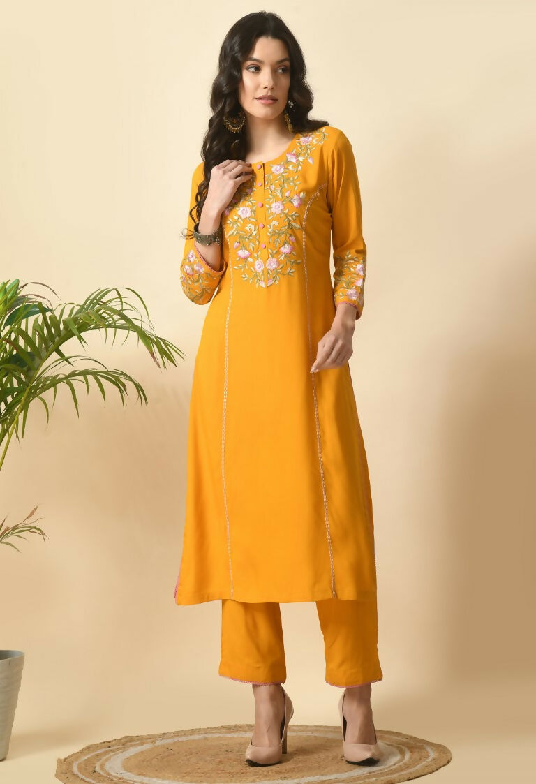 Bright yellow cotton rayon kurta set