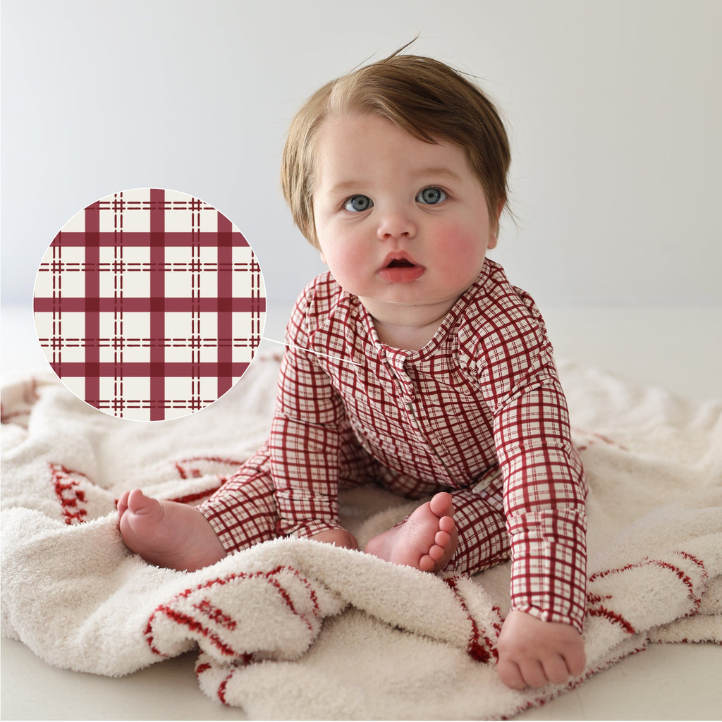 Baby Bamboo Zip Pajamas in Red Window Pane Print - Image 2