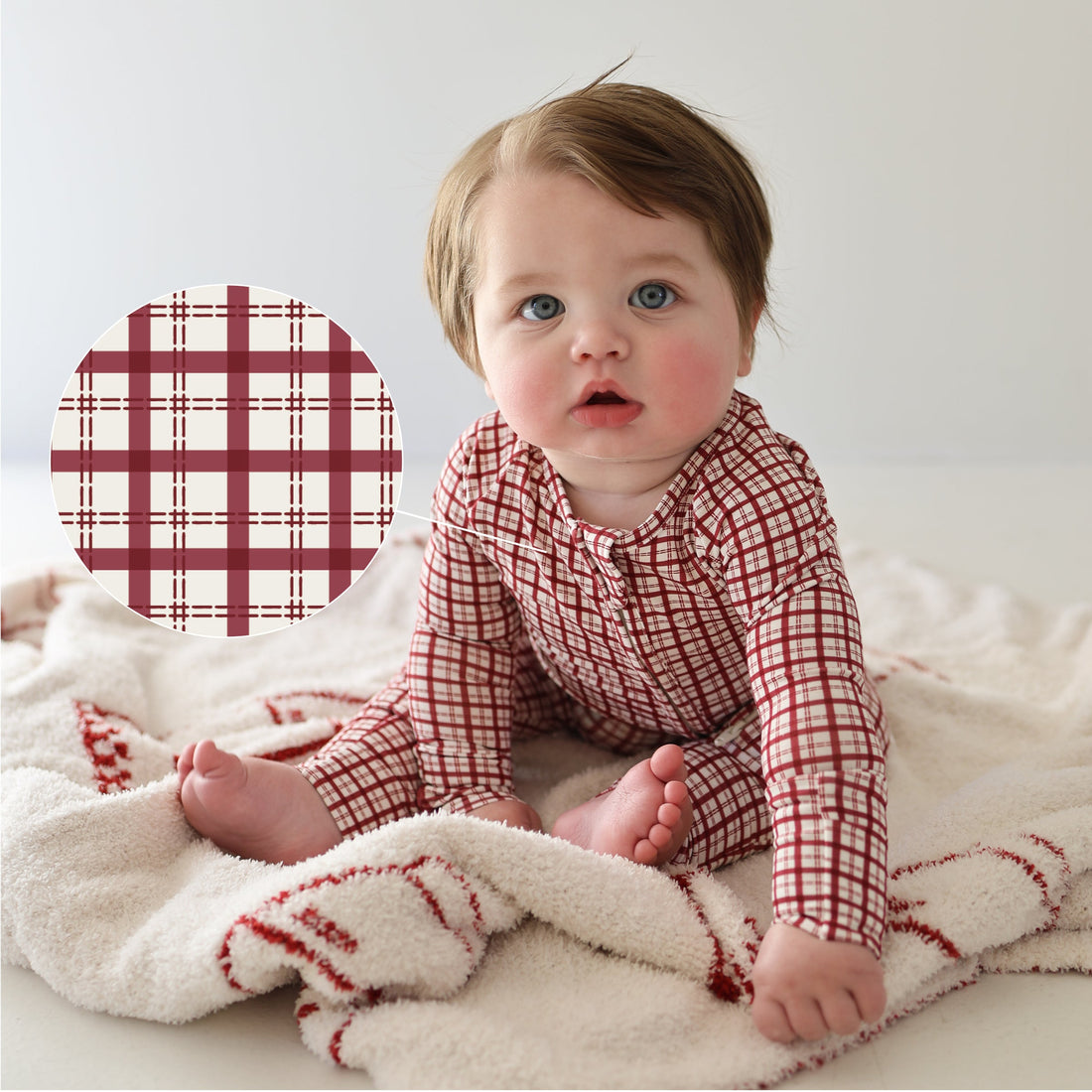 Baby Bamboo Zip Pajamas in Red Window Pane Print - Image 2