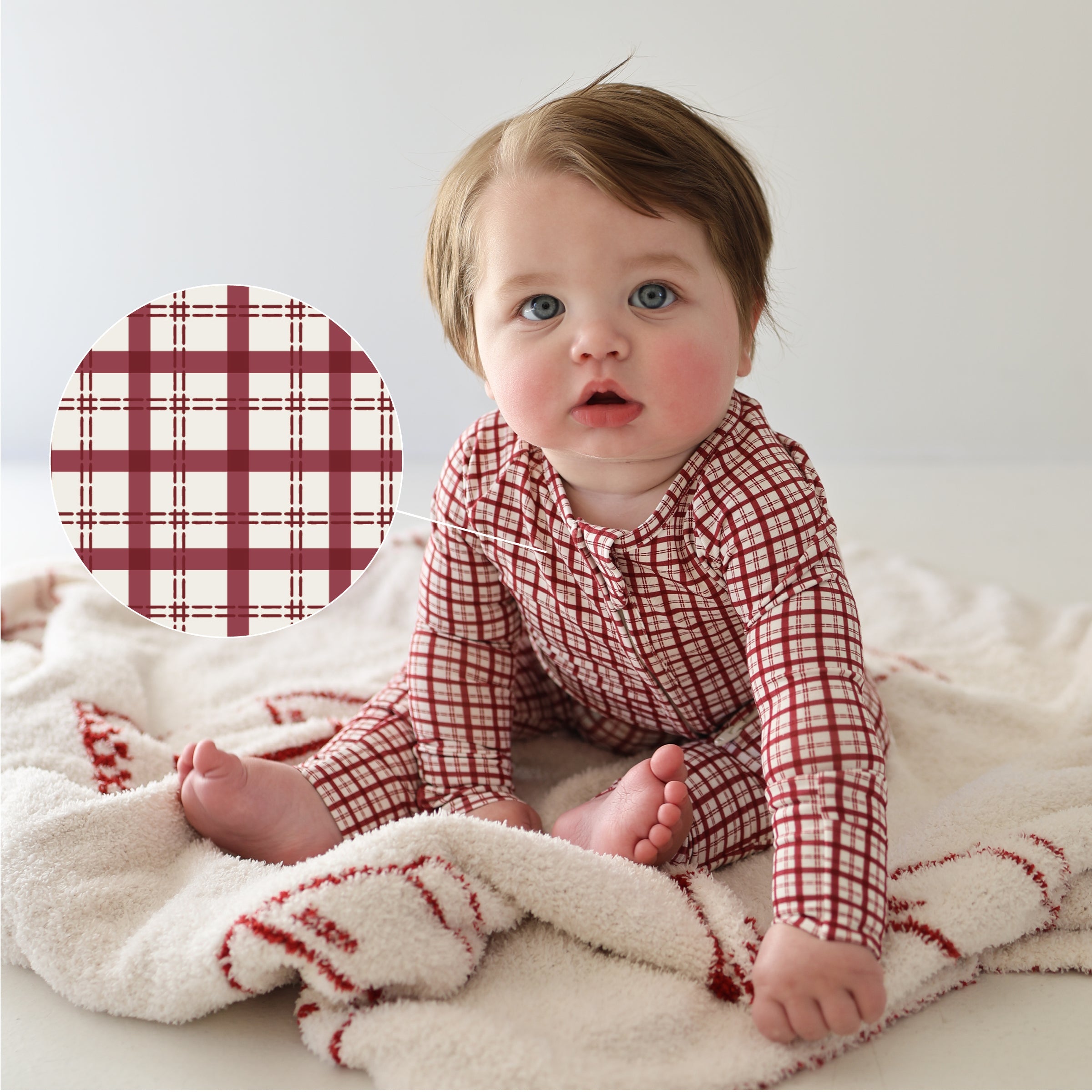 Baby Bamboo Zip Pajamas in Red Window Pane Print - Image 2