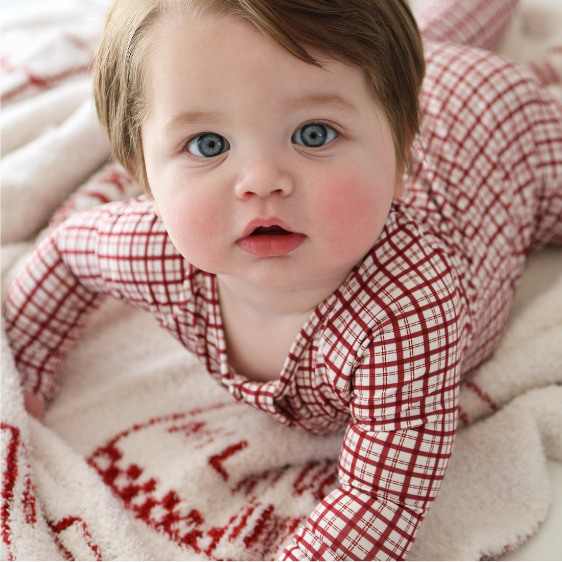 Baby Bamboo Zip Pajamas in Red Window Pane Print - Image 5