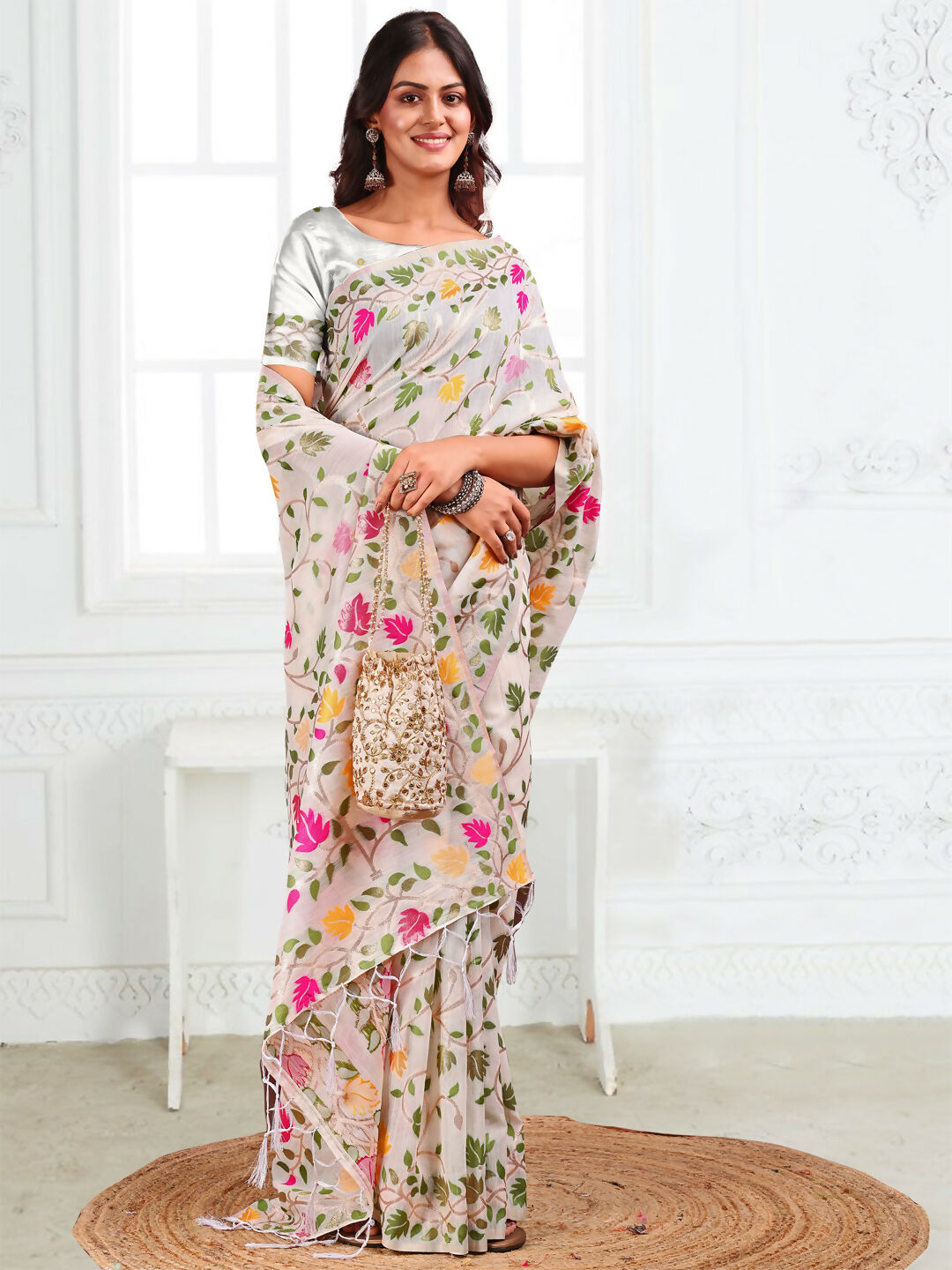 White Linen Cotton Saree with Matching Blouse Piece