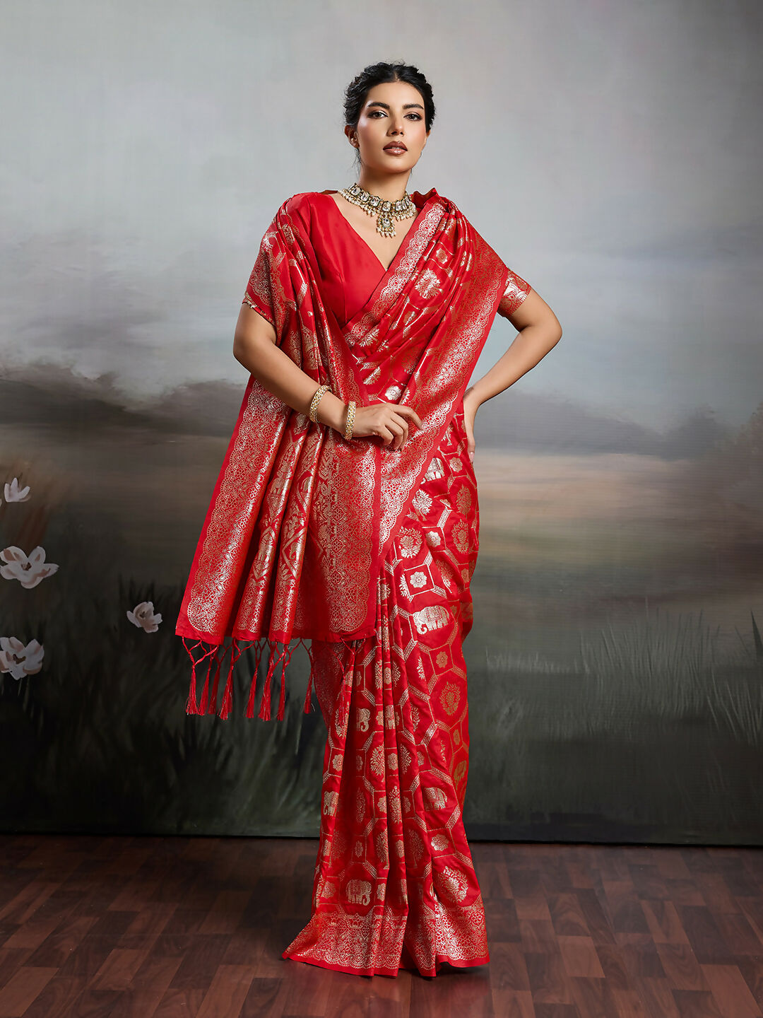 Red Silk Blend Saree with Matching Blouse Piece