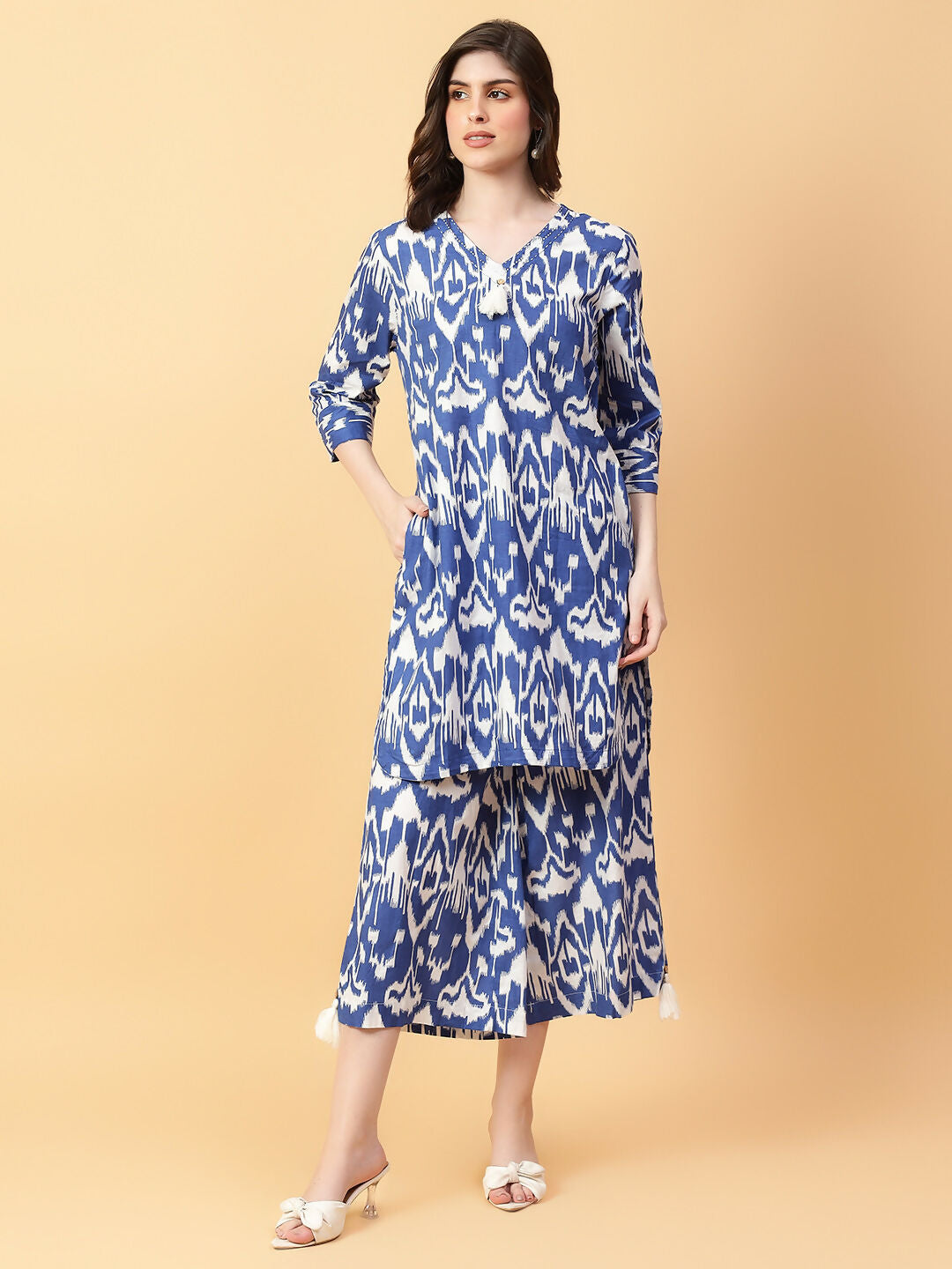 Blue Printed Cotton Co-ord Set with Hand Work Detail