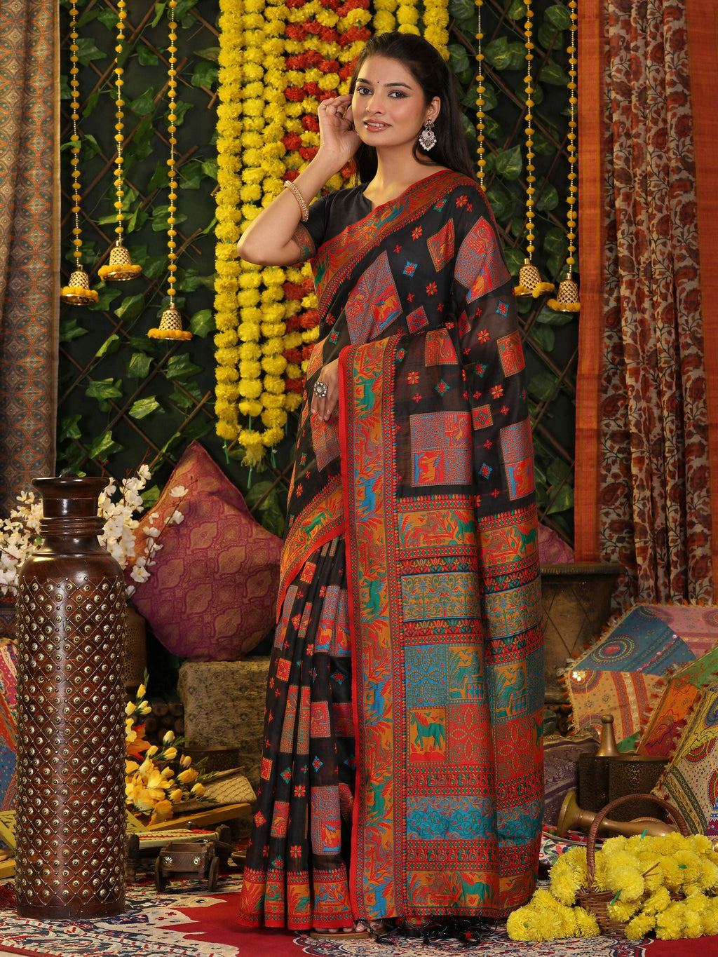 Classic Black Linen Cotton Saree with Matching Blouse Piece