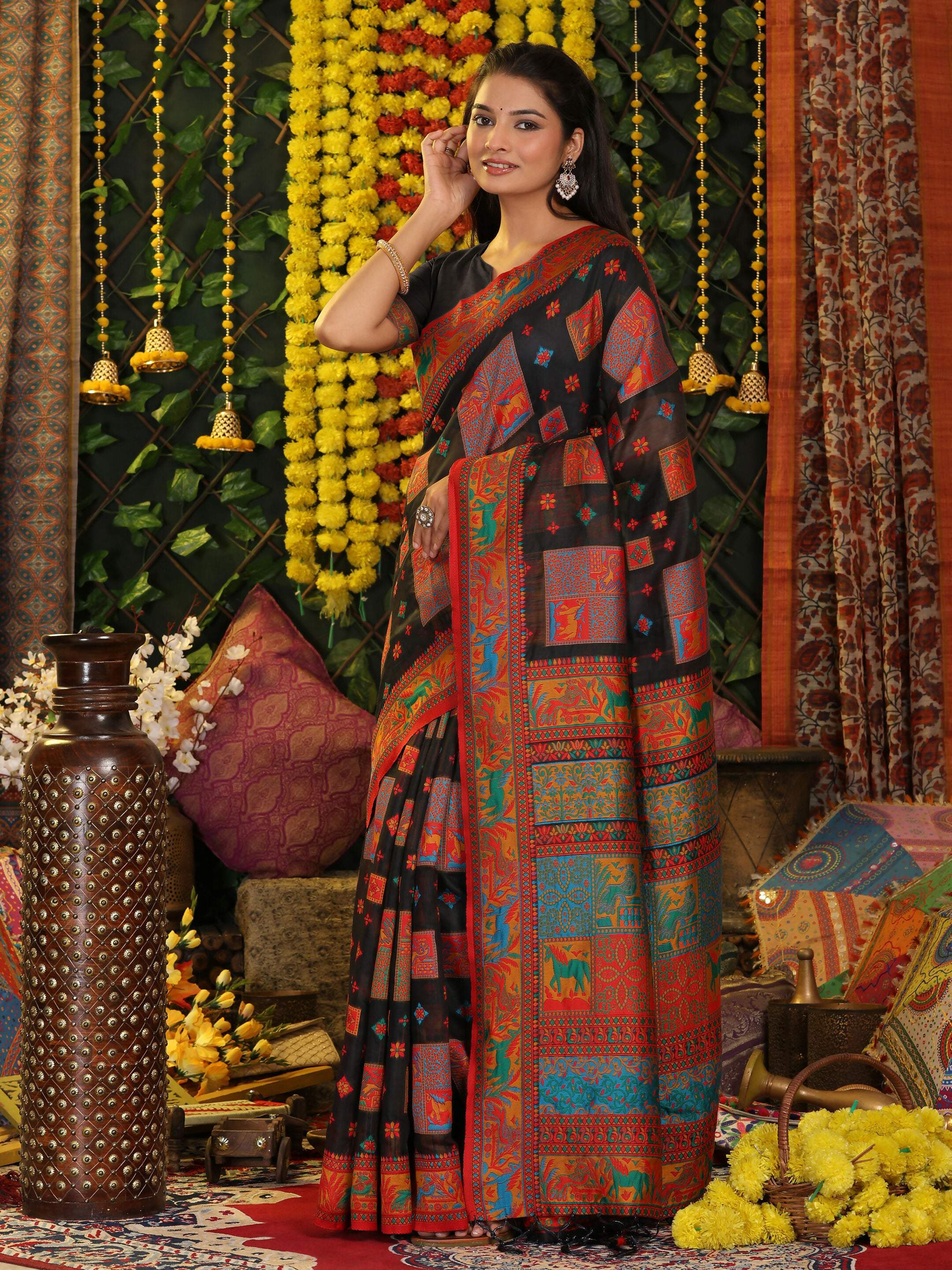 Classic Black Linen Cotton Saree with Matching Blouse Piece