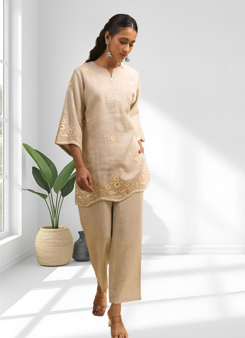 Beige Linen Embroidered Cord Set for Festive and Semi-Formal Wear