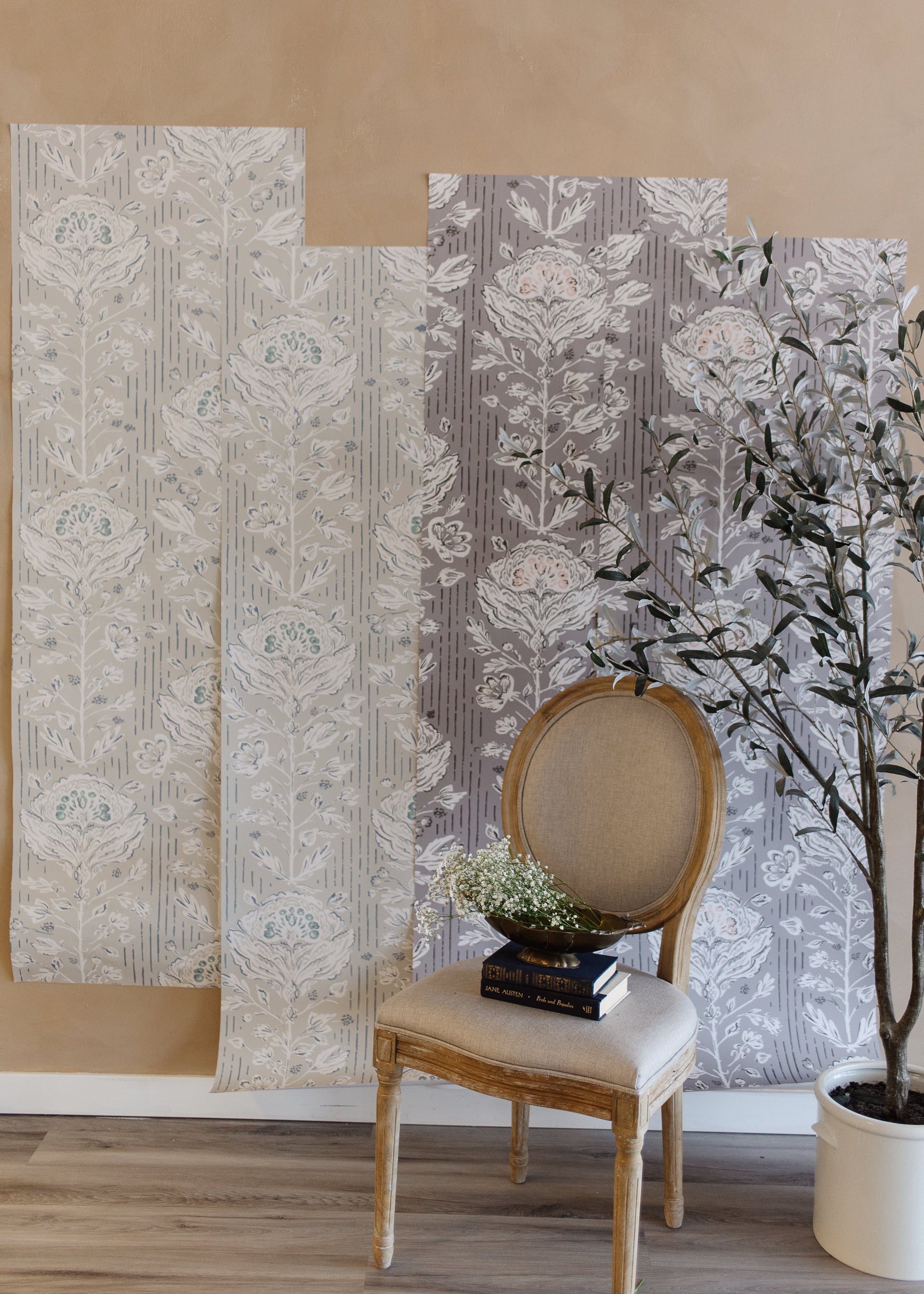 Maren Botanical Floral Removable Wallpaper in Grey, White, Sage-Green