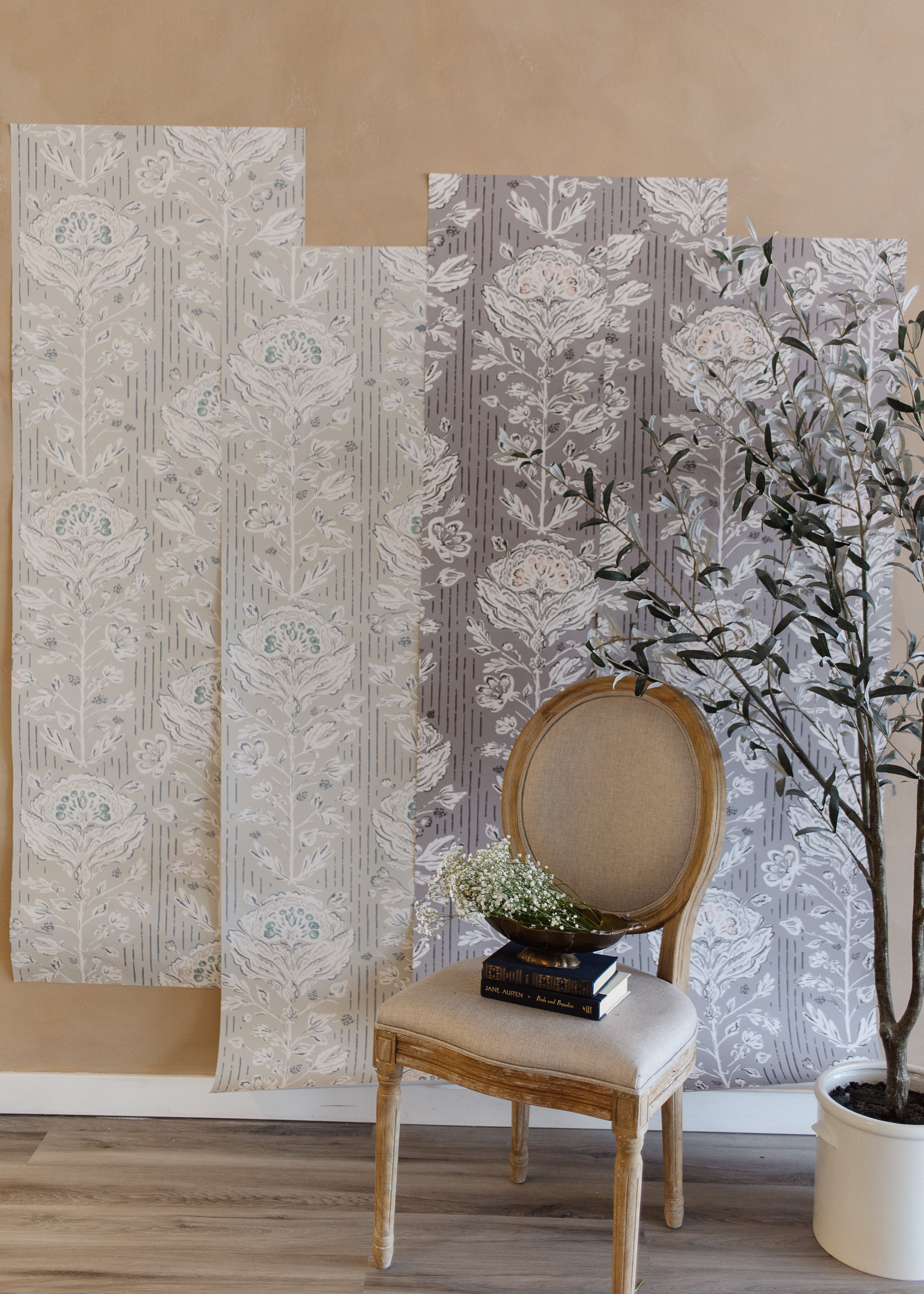 Maren Botanical Floral Removable Wallpaper in Grey, White, Sage-Green