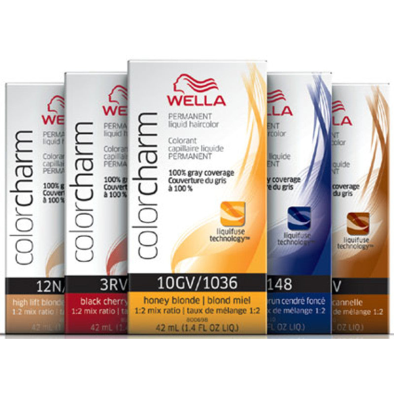 Wella Color Charm Permanent Liquid Creme hair color bottle in box packaging