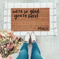 Funny We're So Glad You're Here Psych! doormat in natural brown coir