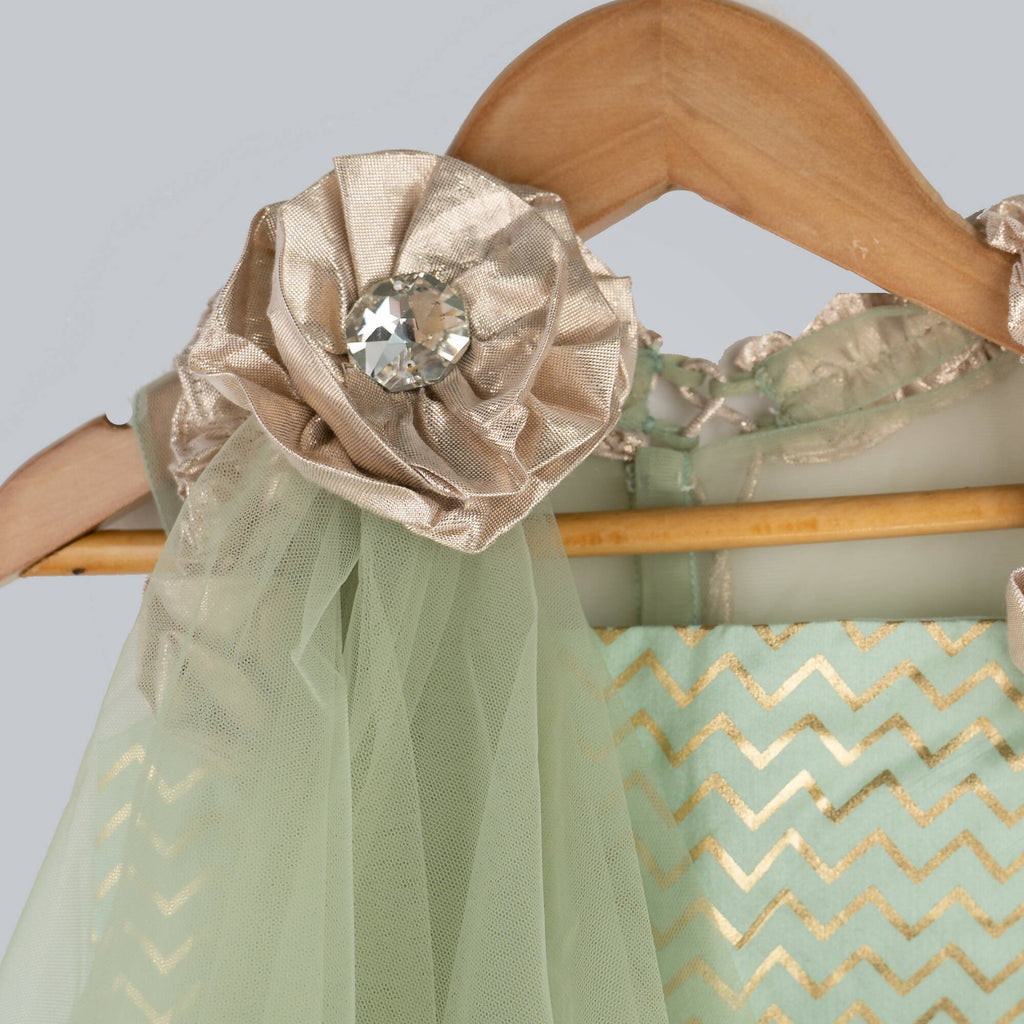 Girls Zig-Zag Printed Ghagra Choli with Gold Lame Frill Details