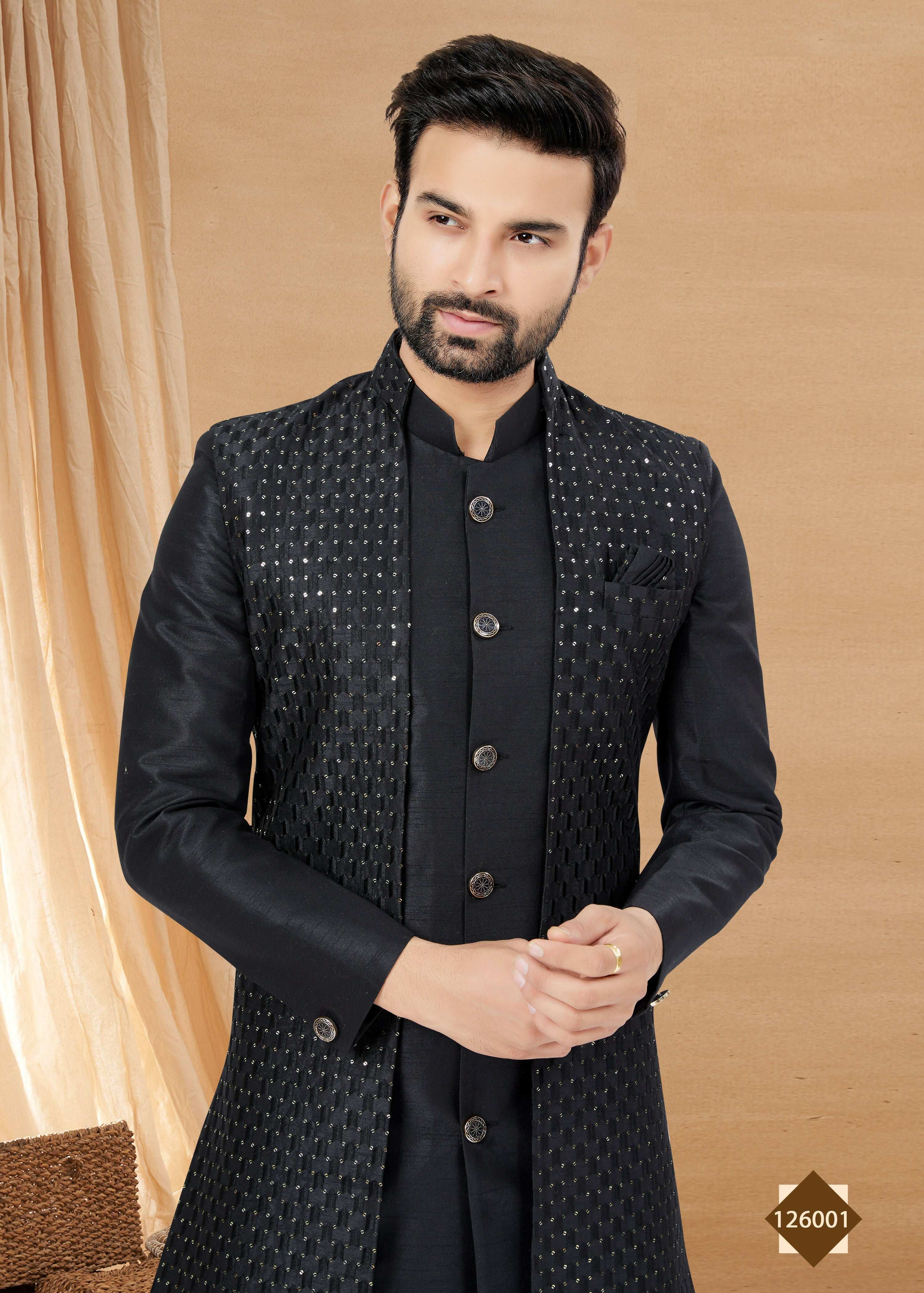 Men's Black Heavy Art Silk Indowestern Set with Matching Jacket