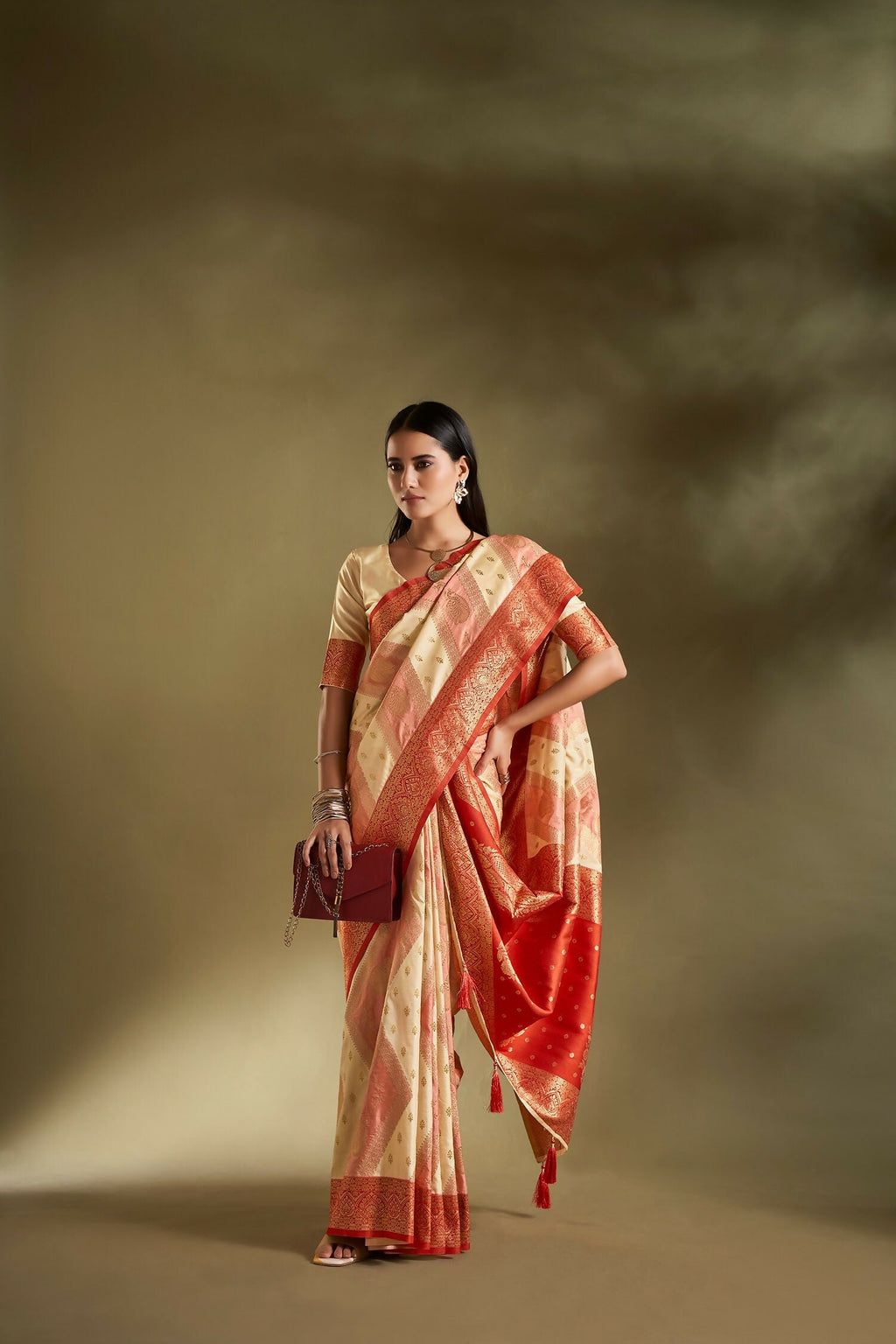 Cream & Pink Banarasi Silk Saree with Elegant Weaving Border