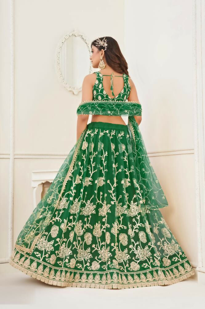 Parrot Green Butterfly Net Wedding Lehenga with Thread & Sequence