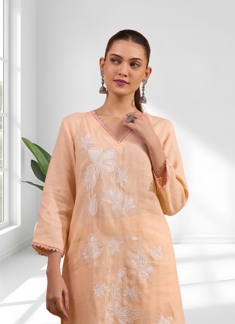 Coral Linen Embroidered V-Neck Long Kurta Set with Pant