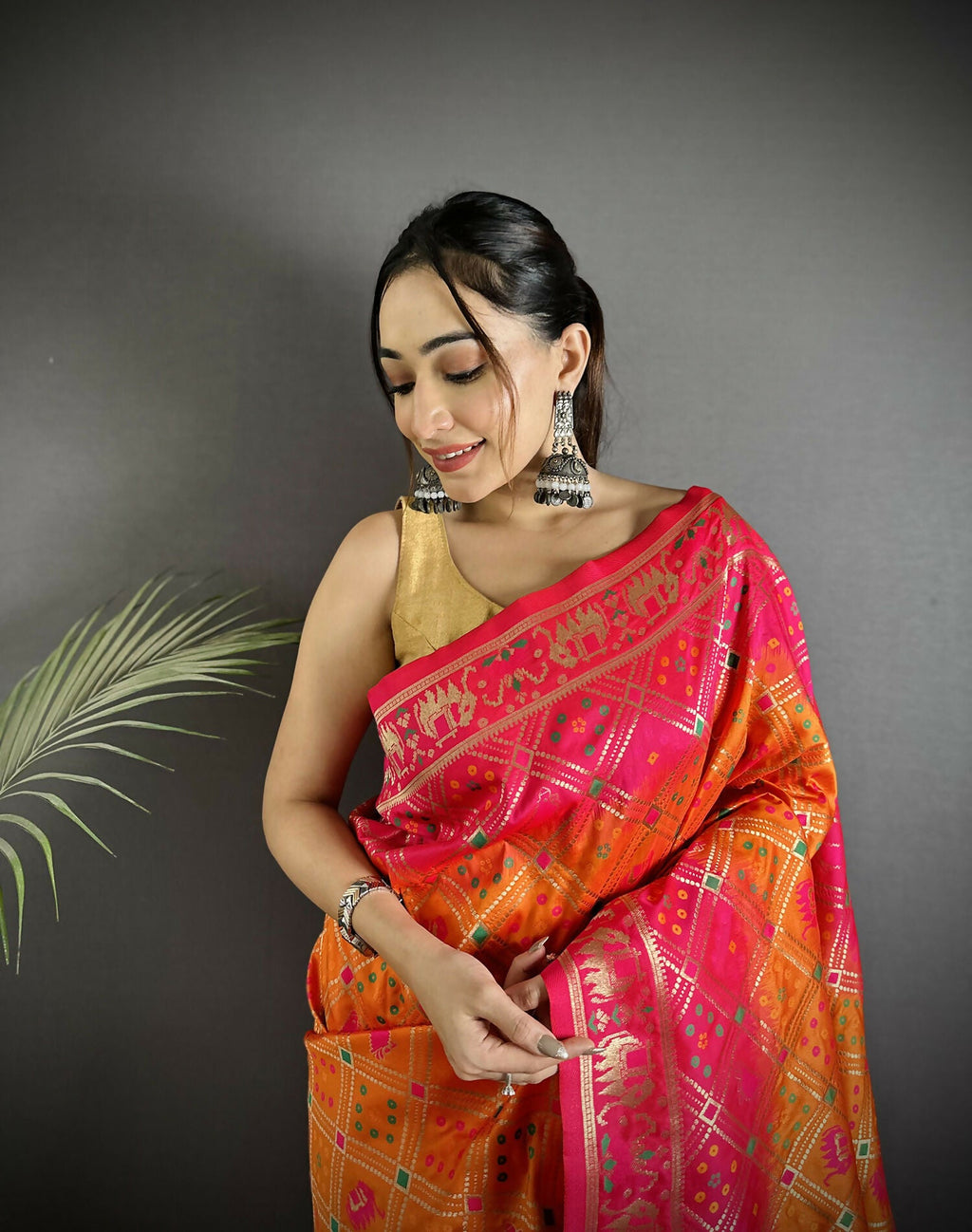 Orange and Pink Geometric Pattern Soft Silk Patola Saree
