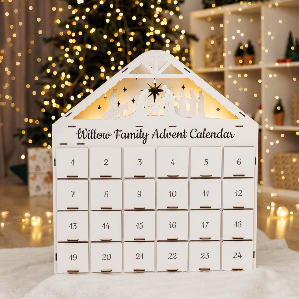 Minimalist white handcrafted wooden Christmas advent calendar for holiday home decor