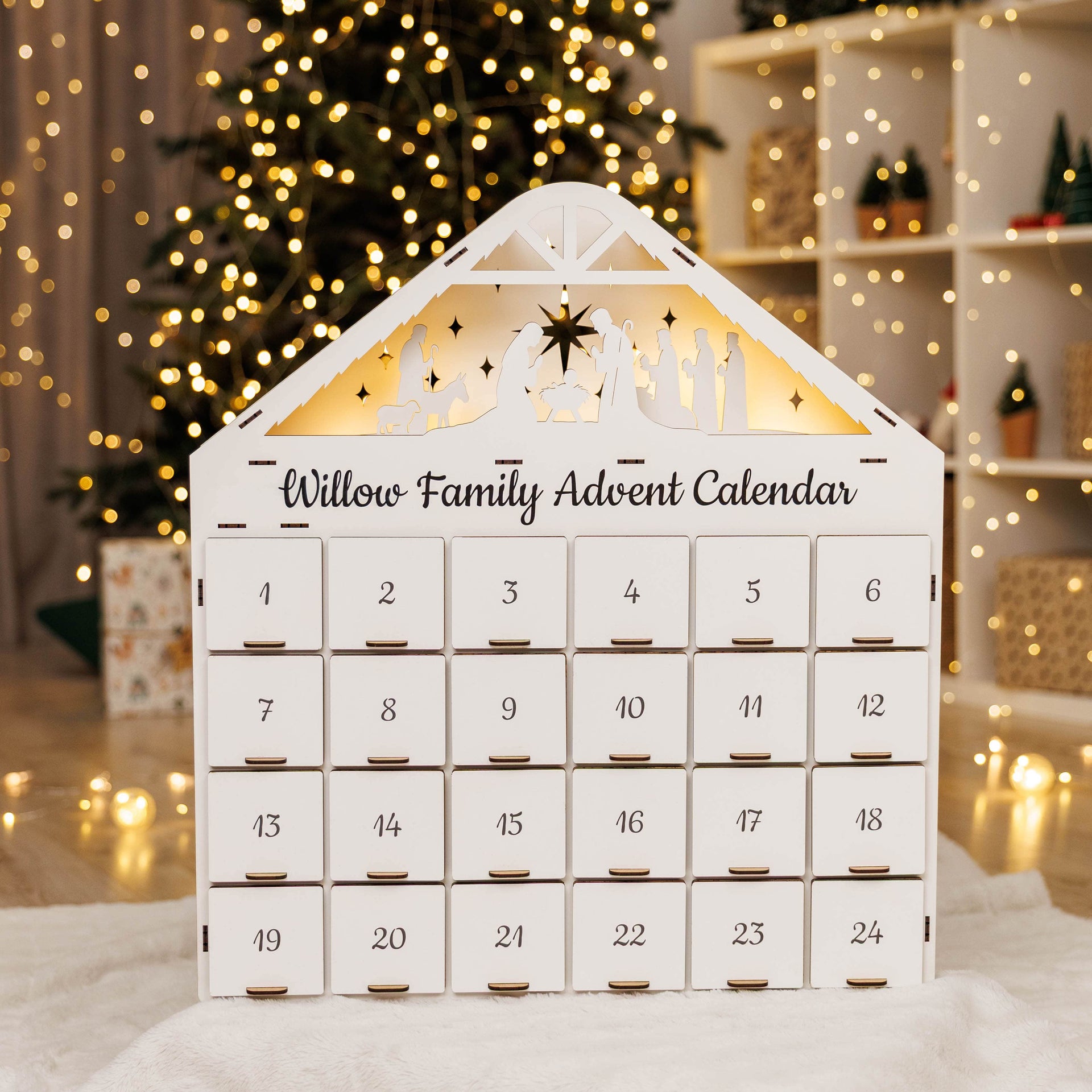 Minimalist white handcrafted wooden Christmas advent calendar for holiday home decor