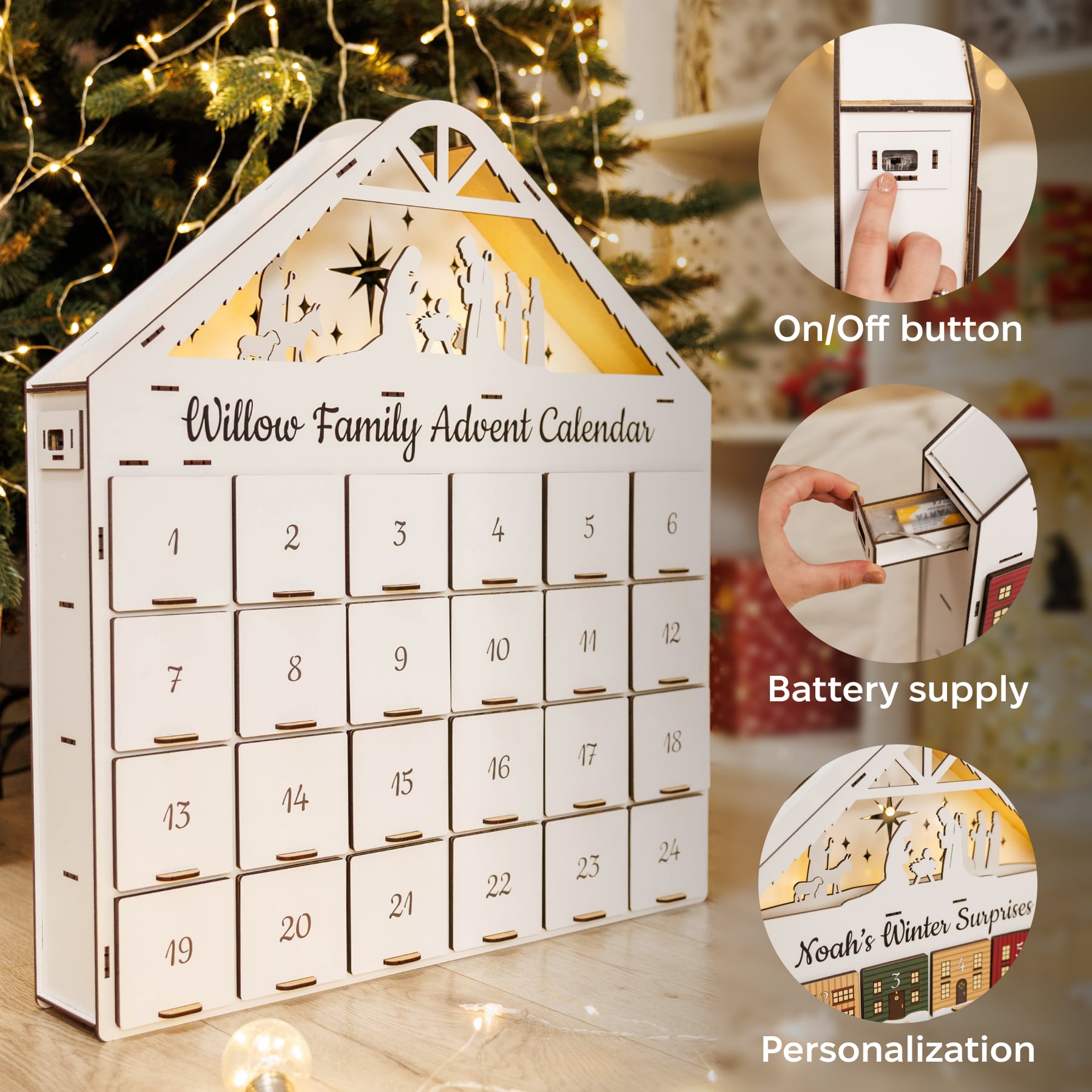 Minimalist White Wooden Christmas Advent Calendar for Kids