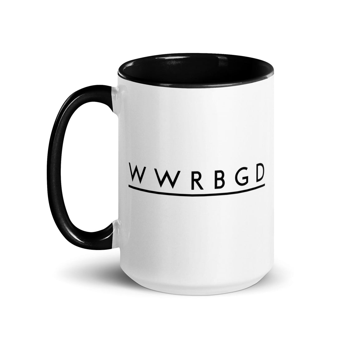 A white ceramic coffee mug with a black interior and handle, featuring the text WWRBGD with a line underneath.
