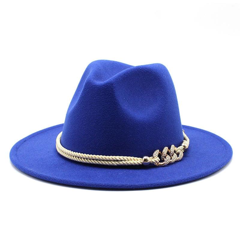 Classic White Wide Brim Fedora Hat with Chain Detail for Summer