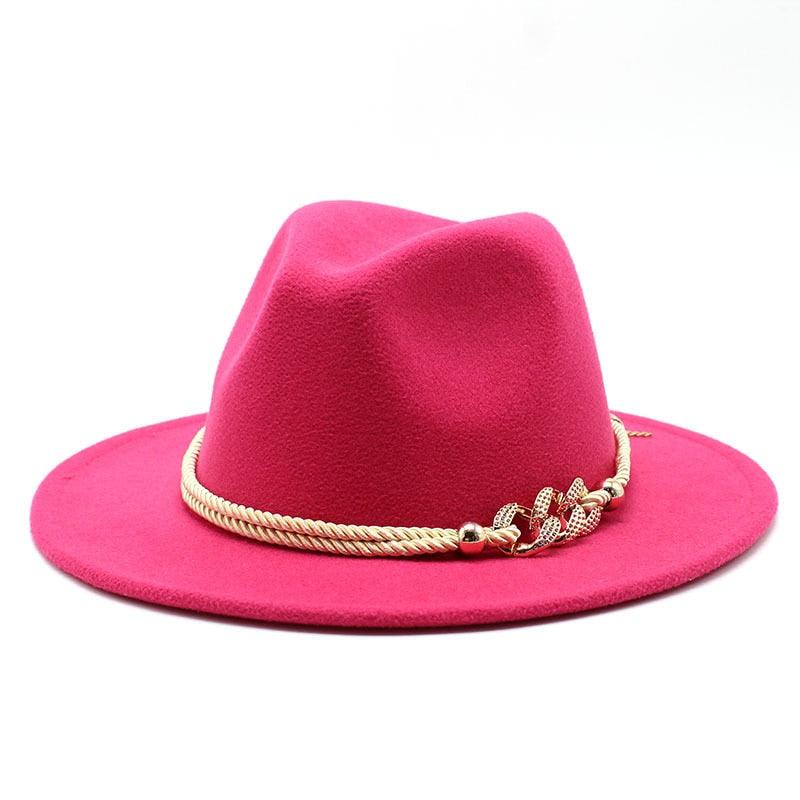 Classic White Wide Brim Fedora Hat with Chain Detail for Summer