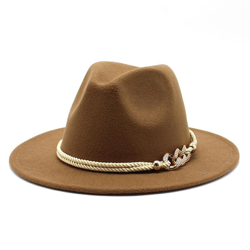 Classic White Wide Brim Fedora Hat with Chain Detail for Summer