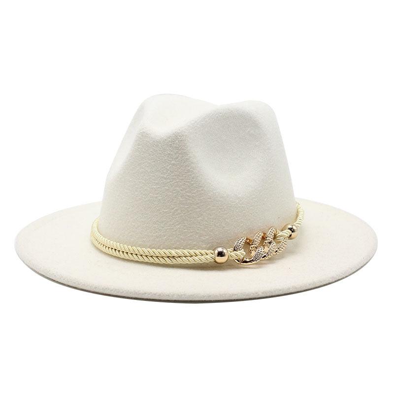 Classic White Wide Brim Fedora Hat with Chain Detail for Summer
