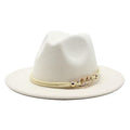 Classic White Wide Brim Fedora Hat with Chain Detail for Summer