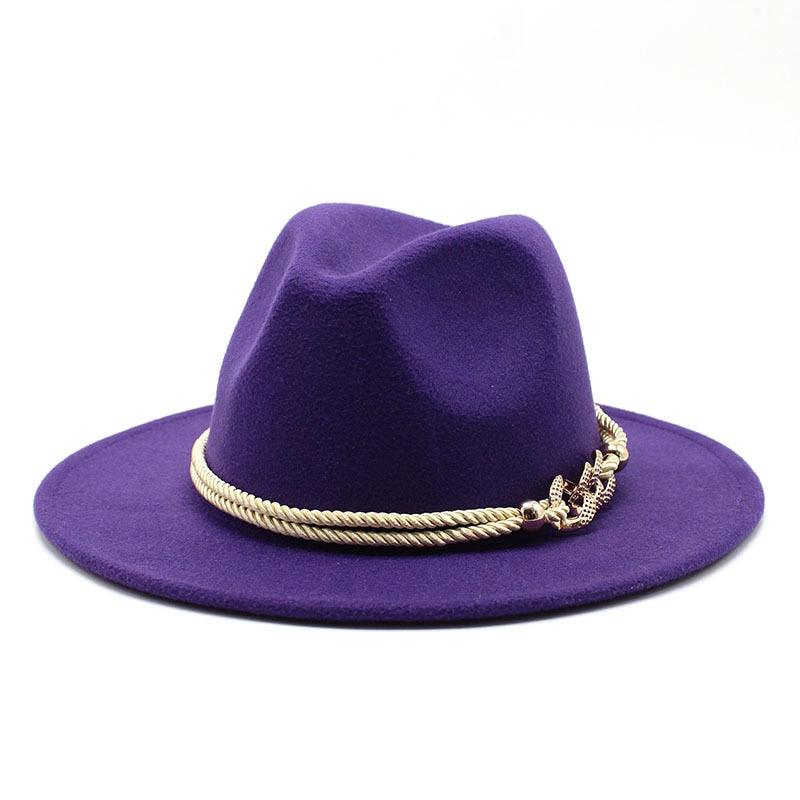 Classic White Wide Brim Fedora Hat with Chain Detail for Summer
