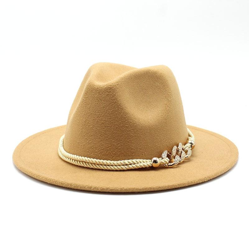 Classic White Wide Brim Fedora Hat with Chain Detail for Summer