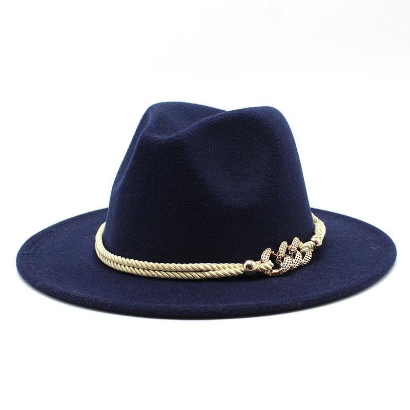 Classic White Wide Brim Fedora Hat with Chain Detail for Summer