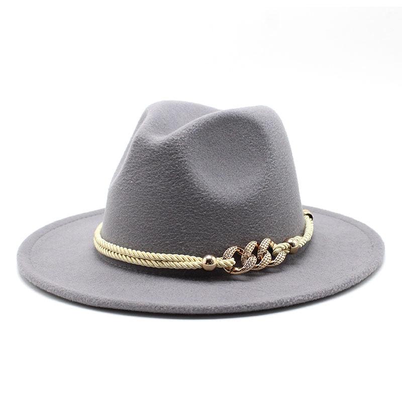 Classic White Wide Brim Fedora Hat with Chain Detail for Summer