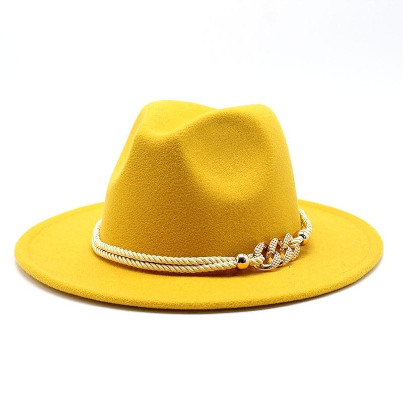 Classic White Wide Brim Fedora Hat with Chain Detail for Summer
