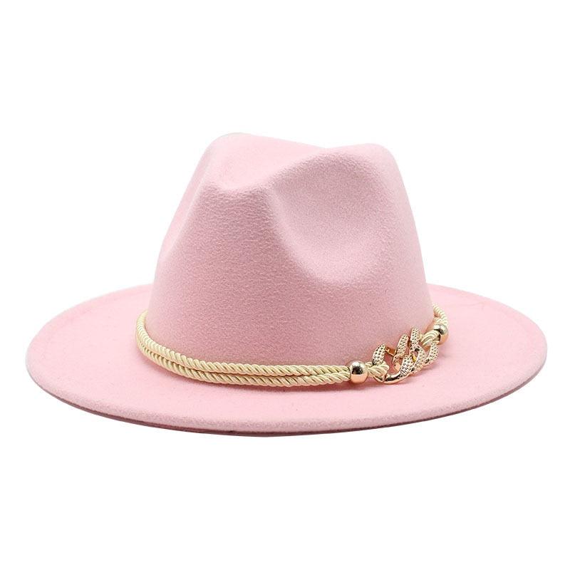 Classic White Wide Brim Fedora Hat with Chain Detail for Summer