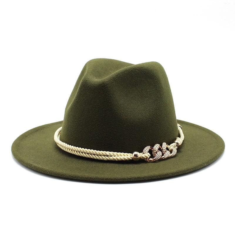 Classic White Wide Brim Fedora Hat with Chain Detail for Summer