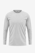 Front and back view of a white blank long sleeve t-shirt prepared for dye