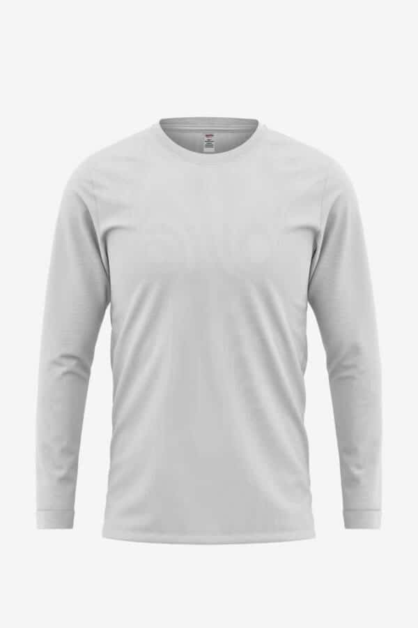 Front and back view of a white blank long sleeve t-shirt prepared for dye