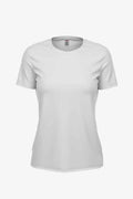 Front and back view of a blank white women's crew neck PFD t-shirt