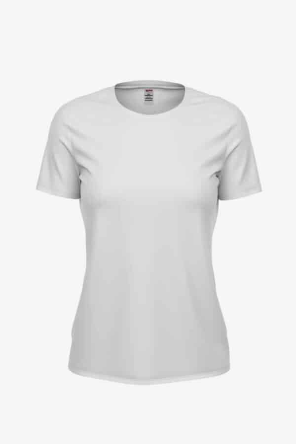 Front and back view of a blank white women's crew neck PFD t-shirt