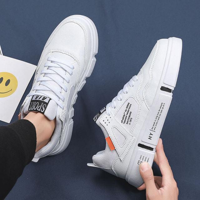 Men's White Leather Casual Sneakers Breathable Walking Shoes