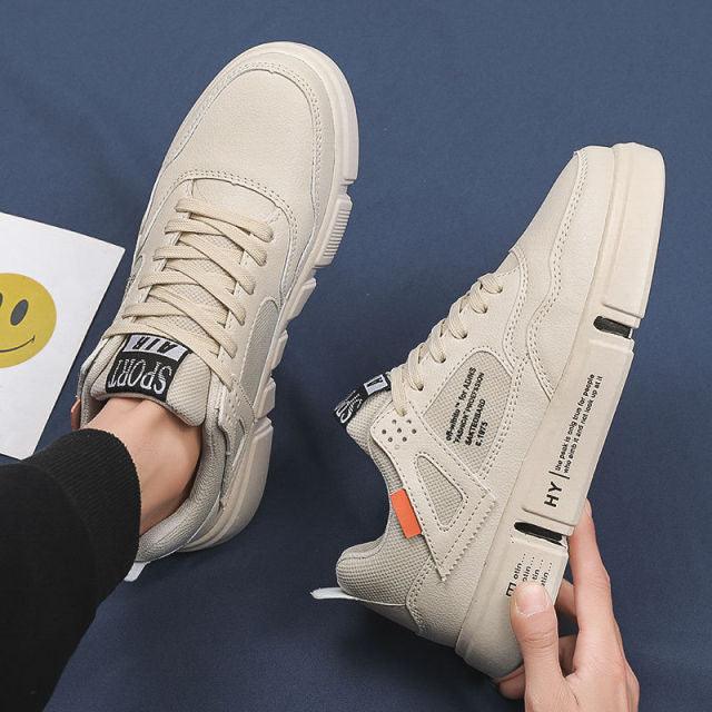Men's White Leather Casual Sneakers Breathable Walking Shoes