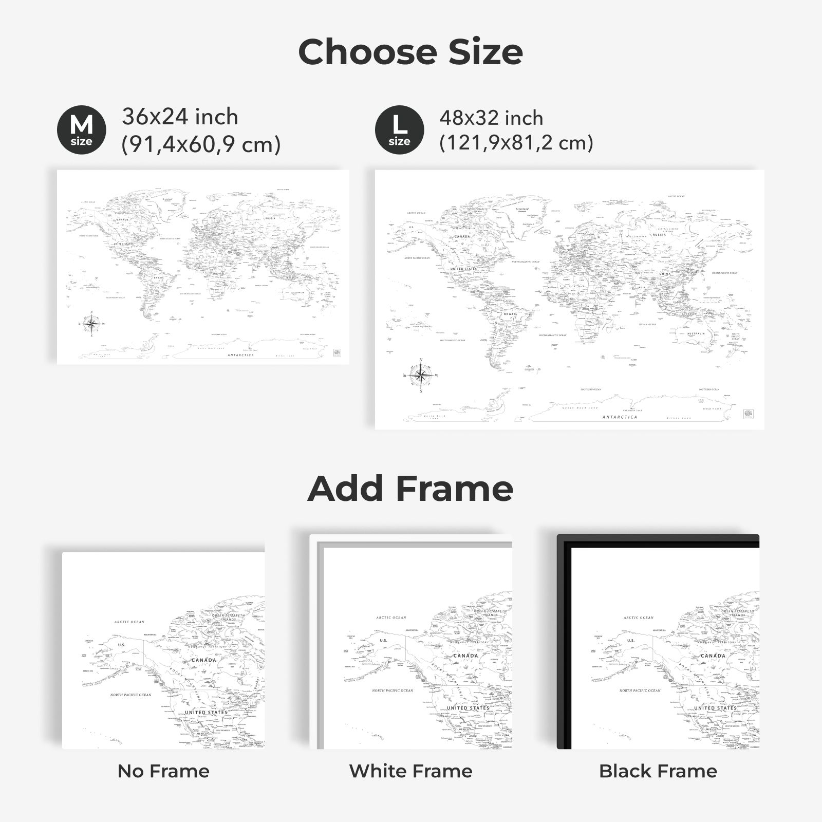 World Map Canvas Wall Art Painting in White
