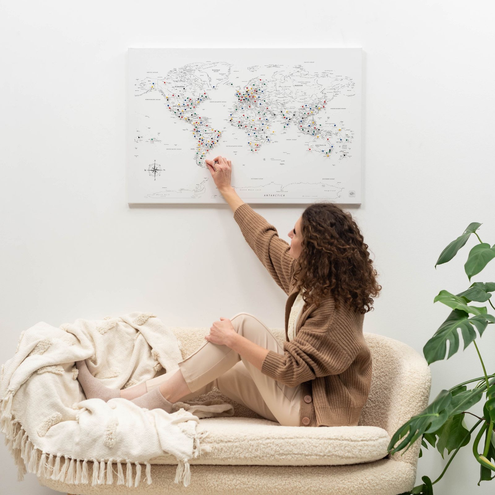 World Map Canvas Wall Art Painting in White