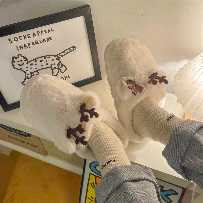 Kids Plush Animal Antler Slippers Fuzzy Warm Indoor Home Shoes