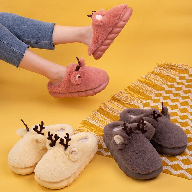 Kids Plush Animal Antler Slippers Fuzzy Warm Indoor Home Shoes